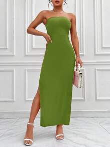 SHEIN Privé 高衩抹胸連衣裙 - 綠色 - 查看 1