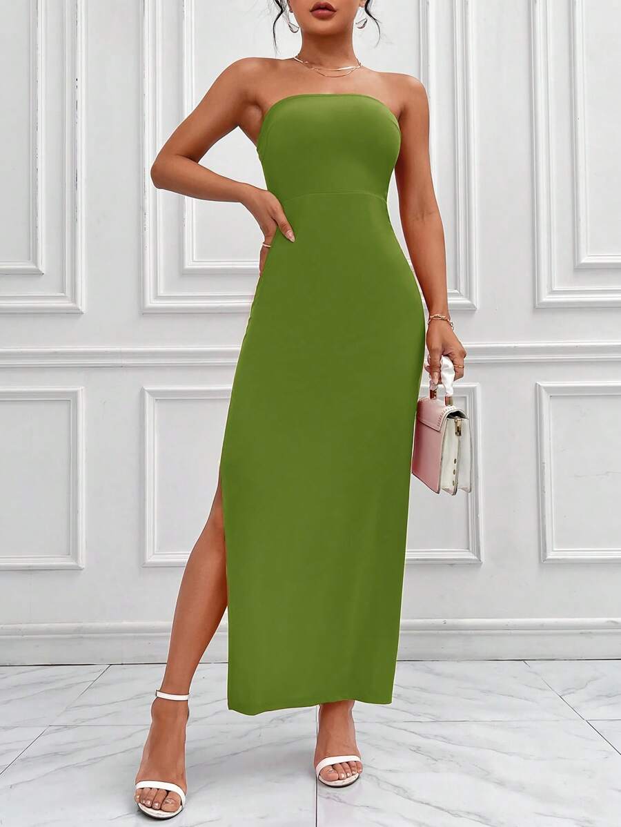 SHEIN Privé 高衩抹胸連衣裙 - 綠色 - 查看 1