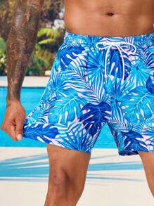 Manfinity 男士熱帶圖案腰部抽繩泳褲