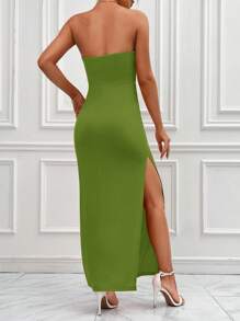 SHEIN Privé 高衩抹胸連衣裙 - 綠色 - 查看 2