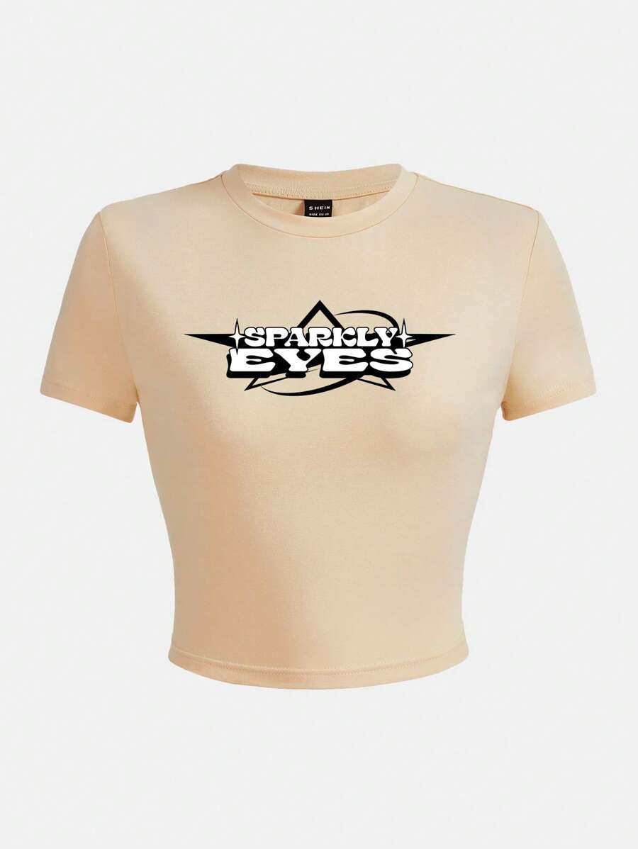 SHEIN EZwear Áo thun nữ Hình học Lá thư Giải trí - Màu be - Xem 1