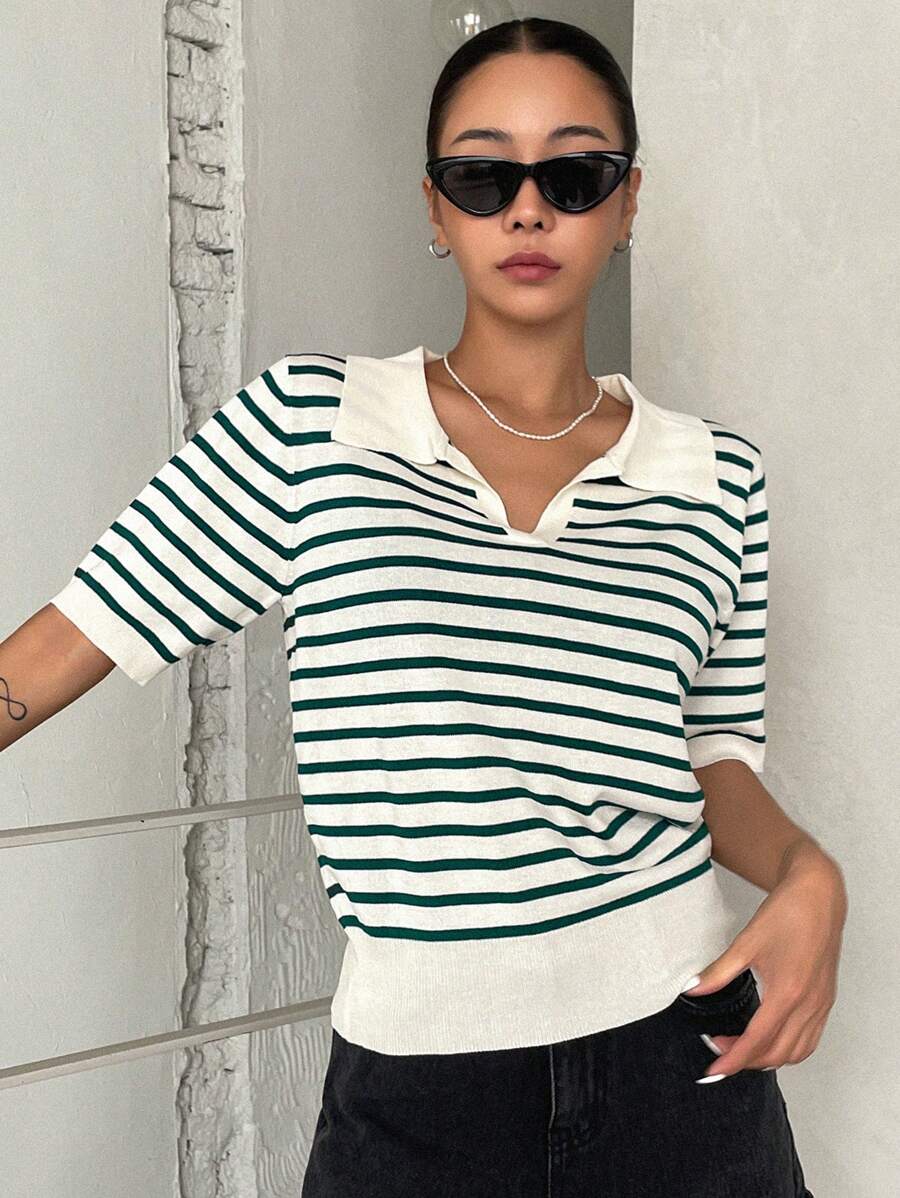 DAZY Striped Pattern Knit Top - Dark Green - View 1