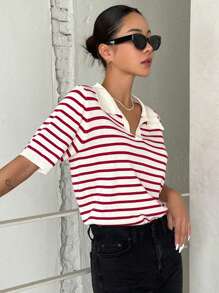 DAZY Striped Pattern Knit Top - Red - View 6