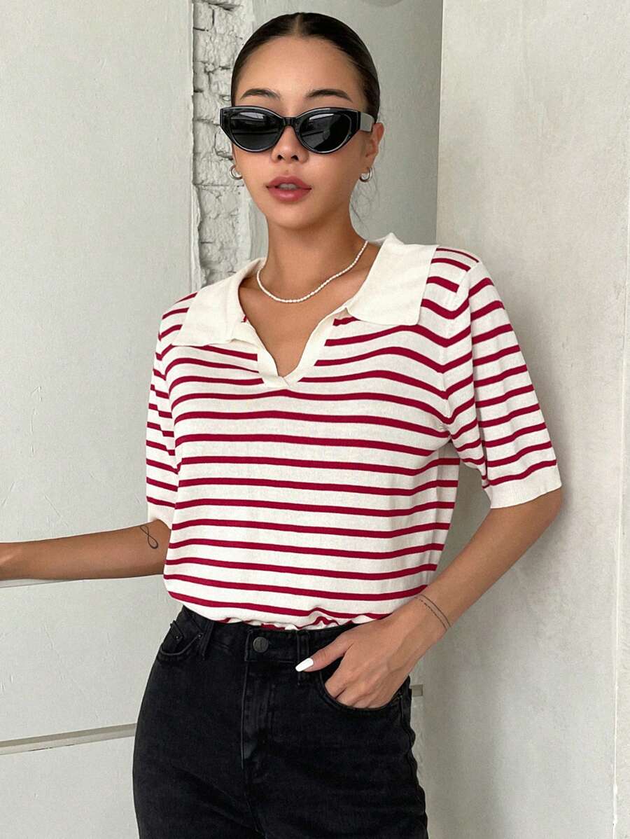 DAZY Striped Pattern Knit Top - Red - View 1