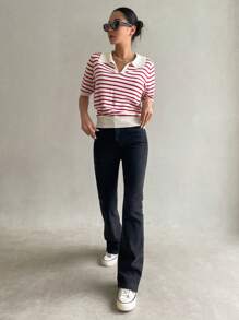 DAZY Striped Pattern Knit Top - Red - View 5