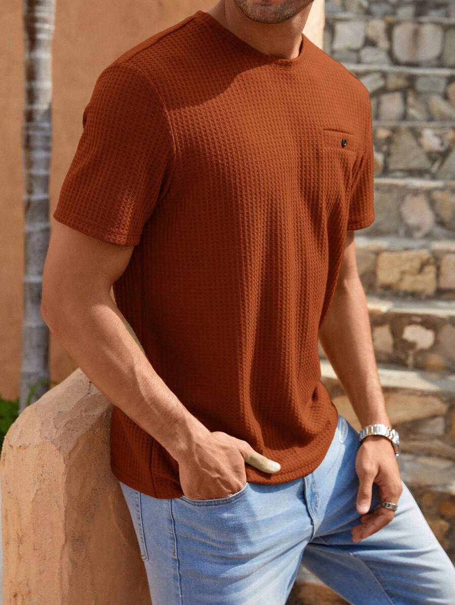 Manfinity Homme Men Letter Patched Waffle Knit Tee - Rust Brown - View 1