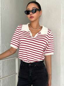 DAZY Striped Pattern Knit Top - Red - View 3
