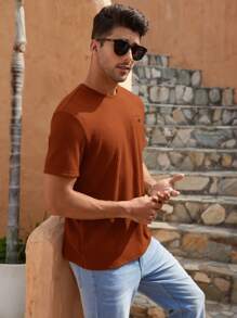 Manfinity Homme Men Letter Patched Waffle Knit Tee - Rust Brown - View 2