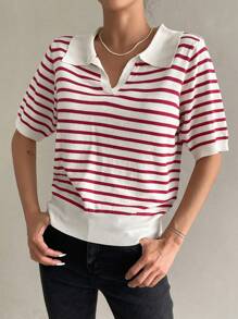 DAZY Striped Pattern Knit Top - Red - View 7