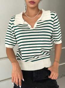 DAZY Striped Pattern Knit Top - Dark Green - View 5