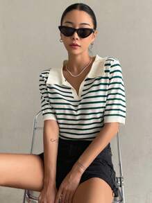 DAZY Striped Pattern Knit Top - Dark Green - View 6