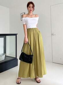 DAZY 素色闊腿褲 - 綠色 - 查看 5