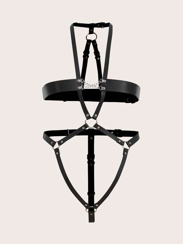 大碼環鏈PU皮革背帶連身背心