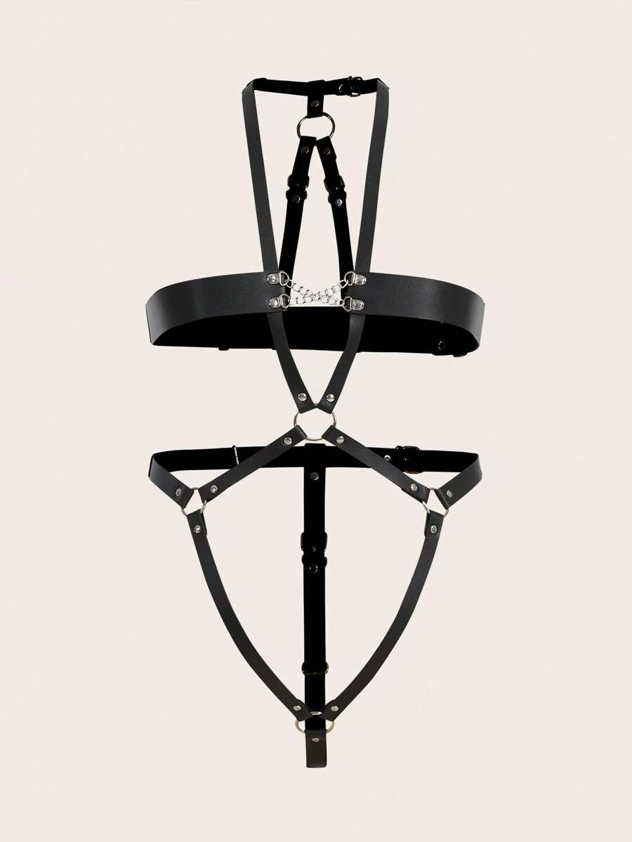 大碼環鏈PU皮革背帶連身背心 - 黑色 - 查看 1