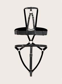 大碼環鏈PU皮革背帶連身背心 - 黑色 - 查看 2