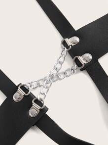 大碼環鏈PU皮革背帶連身背心 - 黑色 - 查看 3