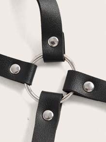 大碼環鏈PU皮革背帶連身背心 - 黑色 - 查看 4
