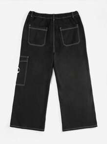 Corpse Bride | ROMWE 大碼骷髅圖案闊腿牛仔褲 - 黑色 - 查看 2