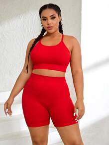 Yoga Basic Plus Solid Scoop Neck Sports Set - Red - View 1