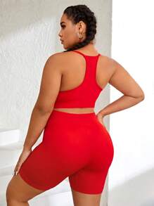 Yoga Basic Plus Solid Scoop Neck Sports Set - Red - View 2