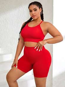Yoga Basic Plus Solid Scoop Neck Sports Set - Red - View 3