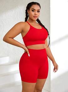 Yoga Basic Plus Solid Scoop Neck Sports Set - Red - View 5