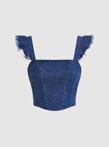 SHEIN MOD Ruffle Trim Tie Backless Crop Denim Top