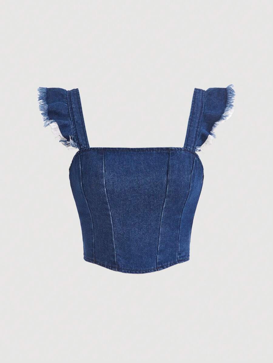 SHEIN MOD Ruffle Trim Tie Backless Crop Denim Top