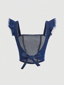 SHEIN MOD Ruffle Trim Tie Backless Crop Denim Top