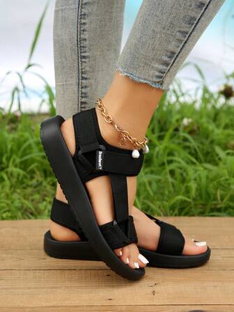 Women Lightweight Letter Graphic Hook-and-loop Fastener Sport Sandals, Sporty Black Fabric Sandals For Summer