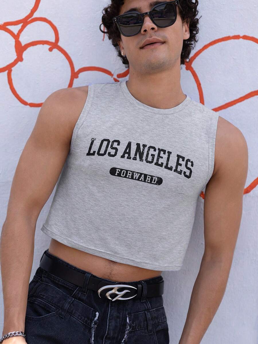 FeverCity Men Cotton Letter Graphic Crop Tank Top