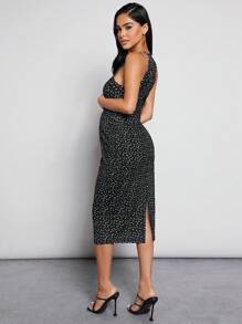 SHEIN 孕婦愛心圖案繞頸緊身連衣裙 - 黑色 - 查看 5