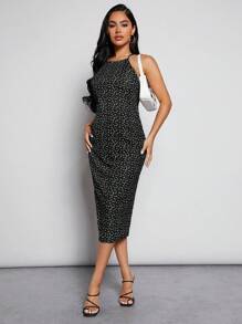 SHEIN 孕婦愛心圖案繞頸緊身連衣裙 - 黑色 - 查看 2