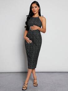 SHEIN 孕婦愛心圖案繞頸緊身連衣裙 - 黑色 - 查看 4