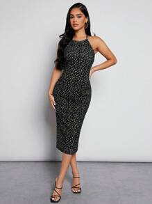 SHEIN 孕婦愛心圖案繞頸緊身連衣裙 - 黑色 - 查看 7