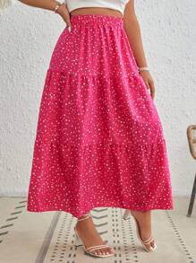 SHEIN VCAY Hơn In vết tròn Polka Xù Hoa Sen Váy - Màu Hồng Tươi - Xem 1