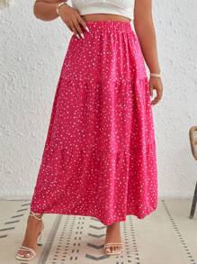 SHEIN VCAY Hơn In vết tròn Polka Xù Hoa Sen Váy - Màu Hồng Tươi - Xem 3