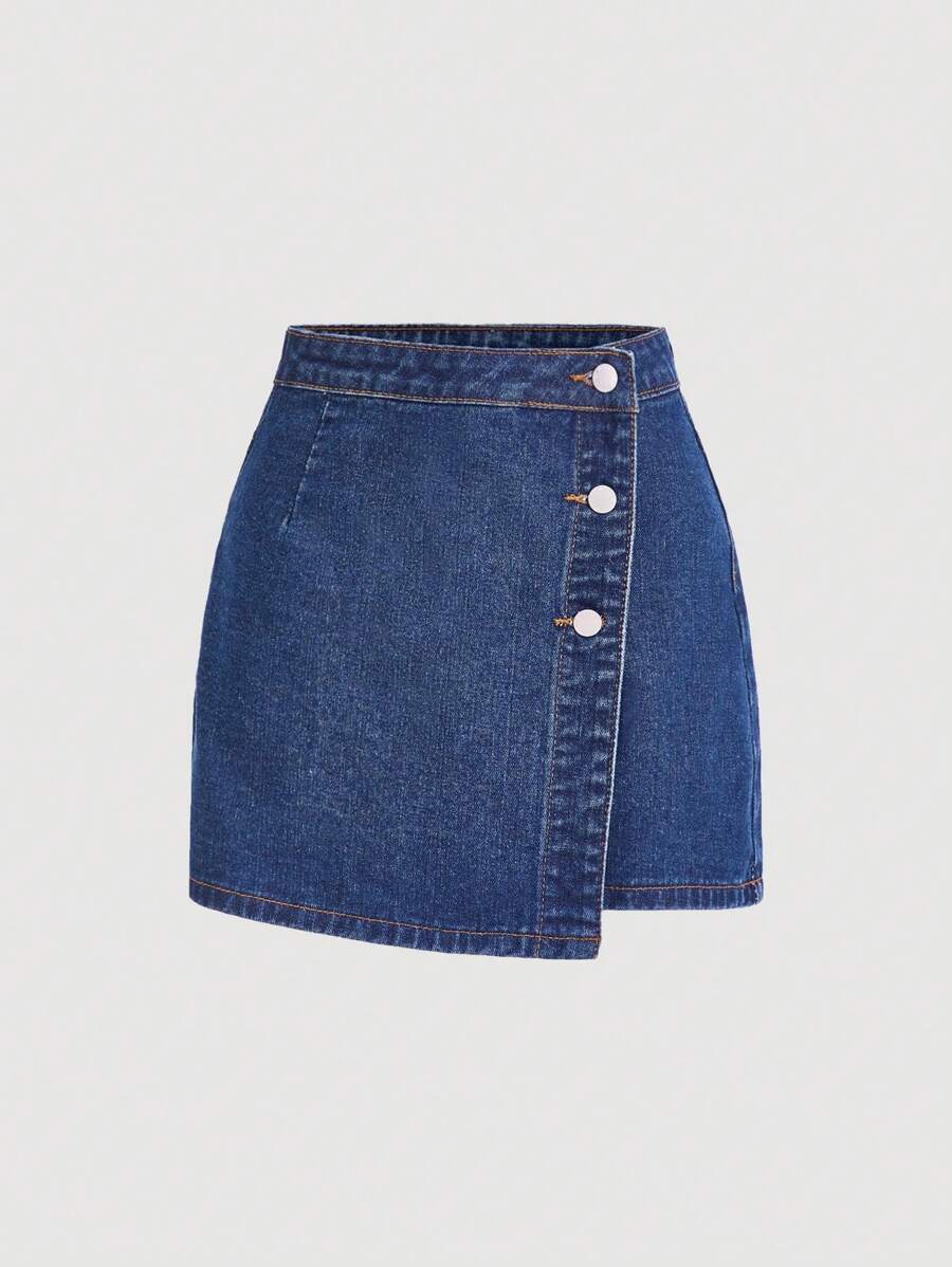 SHEIN MOD 前紐扣牛仔裙褲 - 深色水洗藍 - 查看 1