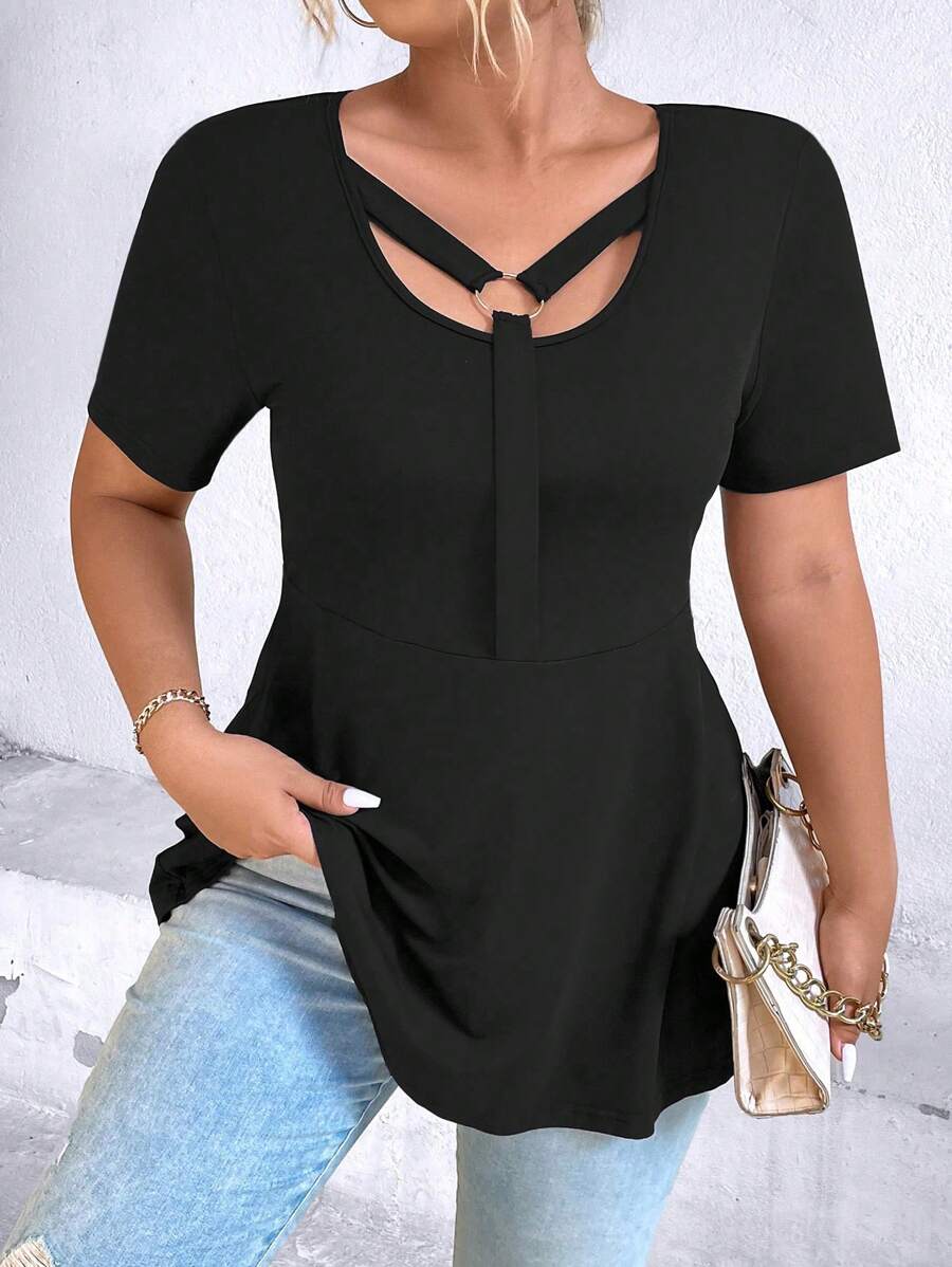 Celure 大碼環鏈荷葉邊下擺T恤 - 黑色 - 查看 1