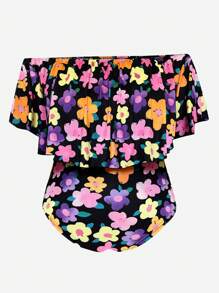 SHEIN Unity Hơn In hoa Off Shoulder Viền Ruffle Áo liền quần chặt - Nhiều màu - Xem 1