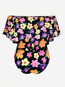 SHEIN Unity Hơn In hoa Off Shoulder Viền Ruffle Áo liền quần chặt - Nhiều màu - Xem 2