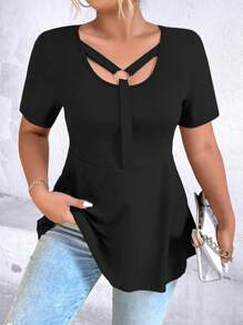 Celure 大碼環鏈荷葉邊下擺T恤 - 黑色 - 查看 5