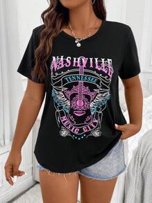 Flirla 大碼字母圖案T恤 - 黑色 - 查看 5