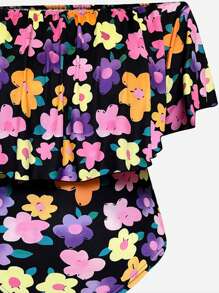 SHEIN Unity Hơn In hoa Off Shoulder Viền Ruffle Áo liền quần chặt - Nhiều màu - Xem 4