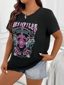 Flirla 大碼字母圖案T恤 - 黑色 - 查看 4