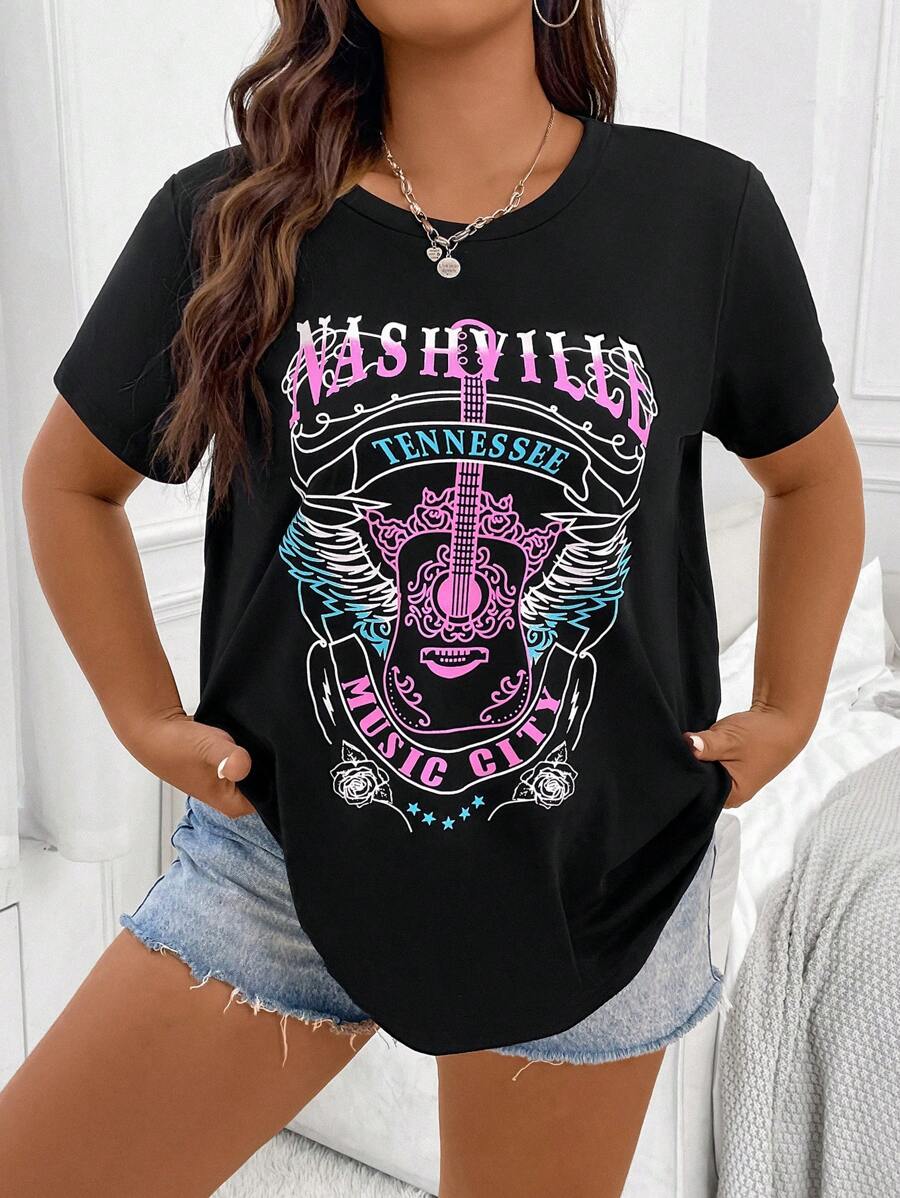 Flirla 大碼字母圖案T恤 - 黑色 - 查看 1