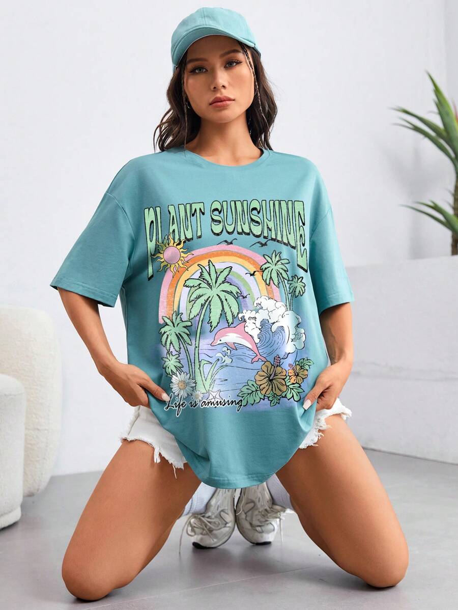 SHEIN EZwear 熱帶印花和字母圖案落肩袖超大號T恤 - 薄荷綠 - 查看 1
