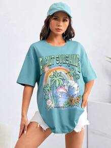 SHEIN EZwear 熱帶印花和字母圖案落肩袖超大號T恤 - 薄荷綠 - 查看 3