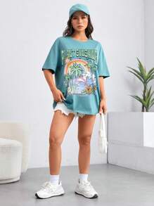 SHEIN EZwear 熱帶印花和字母圖案落肩袖超大號T恤 - 薄荷綠 - 查看 4