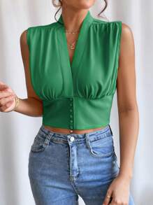 SHEIN Privé Camisa sin manga fruncido con botón delantero